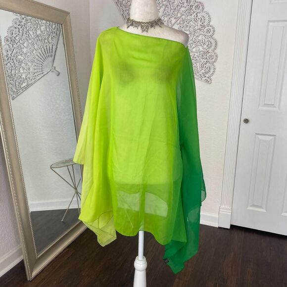 Fairy Grunge Color Gradient Sheer Mesh Green Bat Sleeve Shawl Top One Size OS - Picture 5 of 5